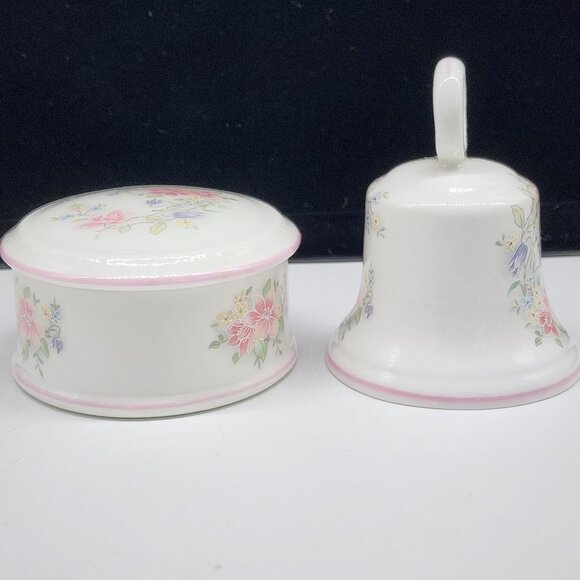 St. George Fine Bone China Bell and Trinket Box Pastel Floral Pink Purple VTG - Picture 3 of 8